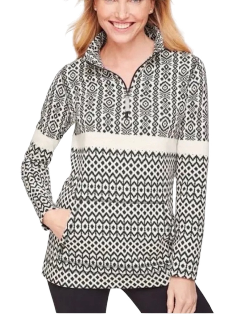 T by TALBOTS Black/White Fair Isle Ikat Quarter-Zip Top Size XS — GORGEOUS!!!